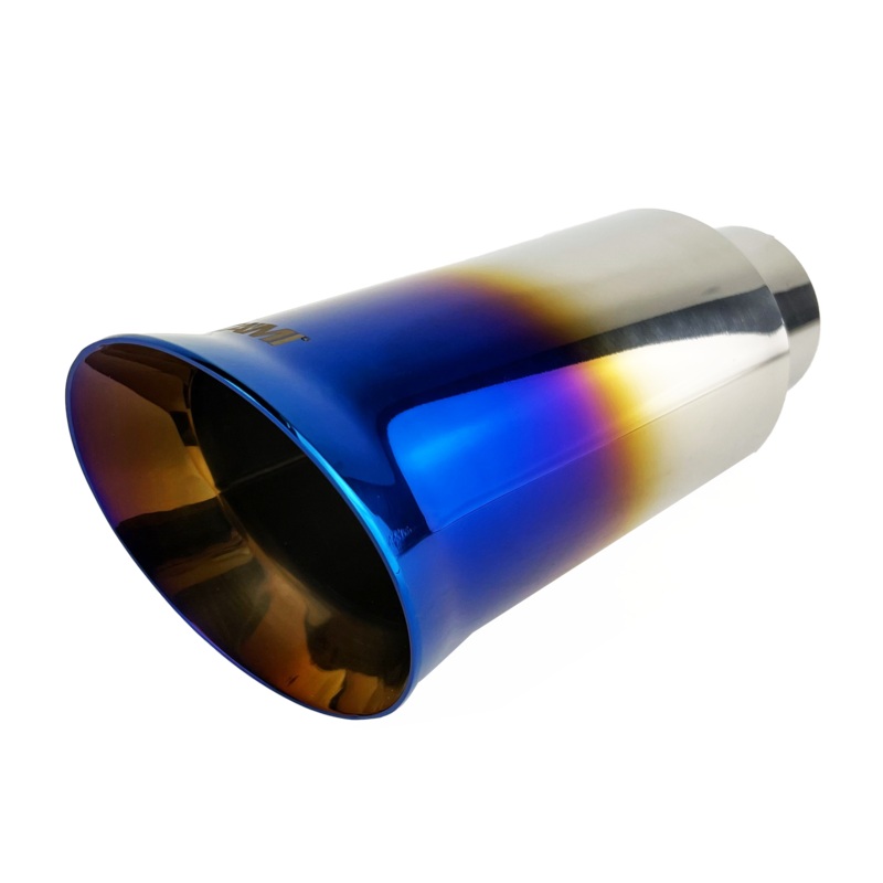 Single Round Slant Cut Exhaust Tip Blue Burnt Flame Auto Product Makers NT-2469
