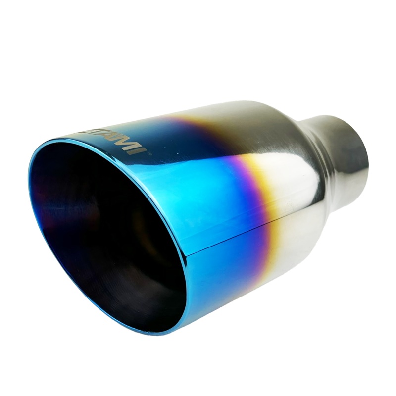 Single Round Slant Cut Exhaust Tip Blue Burnt Flame Auto Product Makers NT-2579