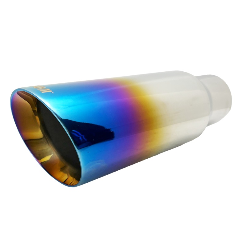 Single Round Slant Cut Exhaust Tip Blue Burnt Flame Auto Product Makers NT-3079