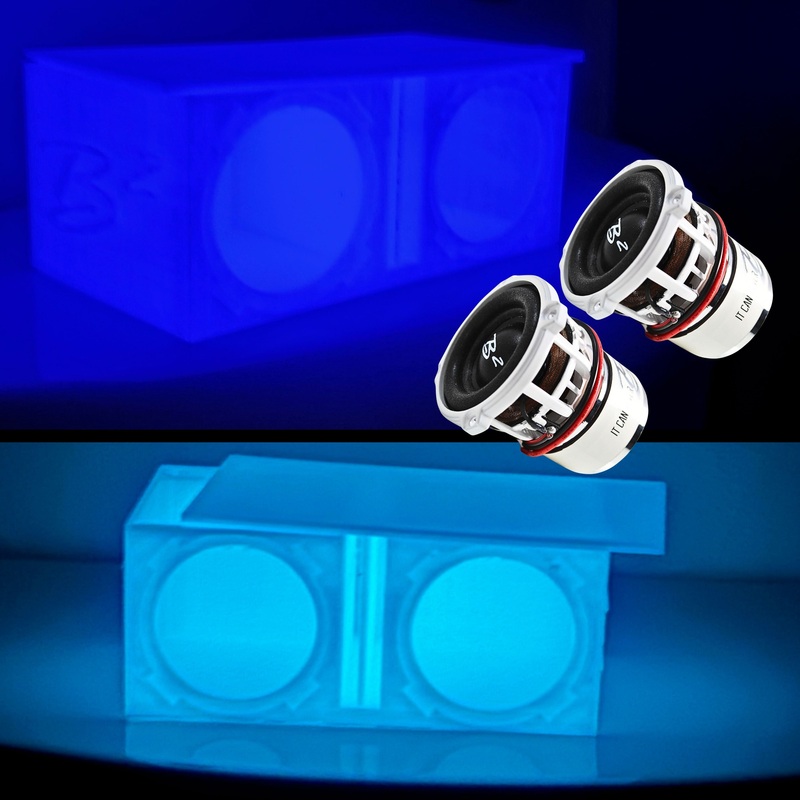 Glow in the Dark Dual Ported Enclosure w/ B2 Audio Rampage RC2 2″ Mini Subwoofer Blue Glow in the Dark