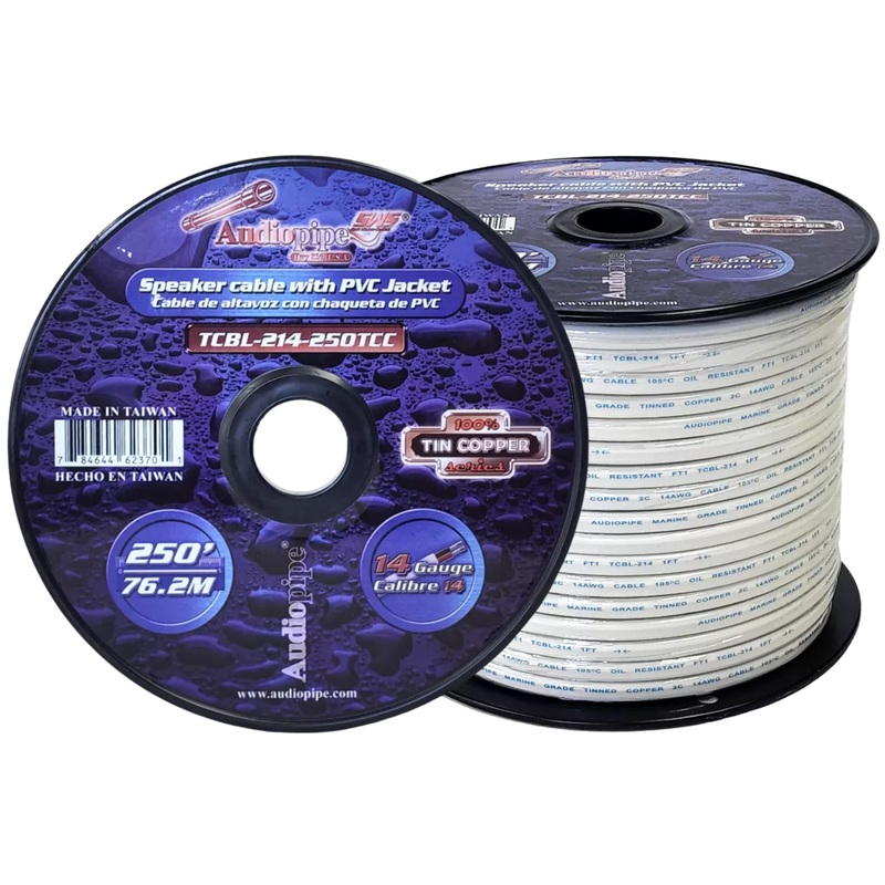 14 GA 250Ft AWG White PVC Jacketed 100% Tin Copper AudioPipe Speaker Wire Lot Complete Spool (250Ft)