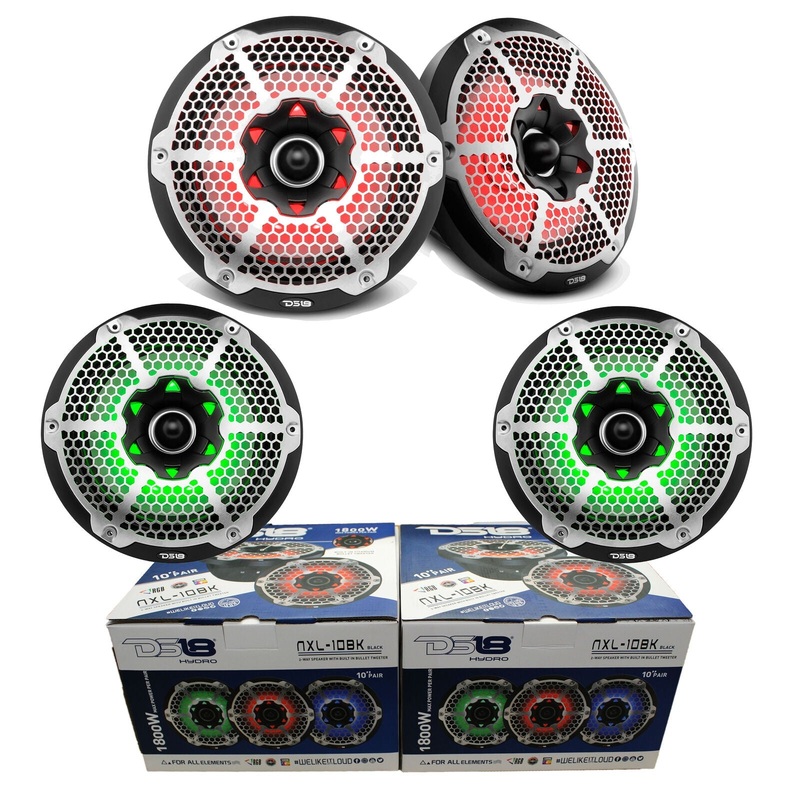 Pair of NXL-10 Black 10″ 2Way Speakers 1800W + 1200W NXL400.4D Marine 4 Ch Amp