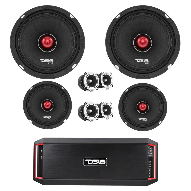 4600W 4x 8″ Midrange Speakers + 4x Bullet Tweeters + 1600W 4Ch Amplifier DS18 Combo