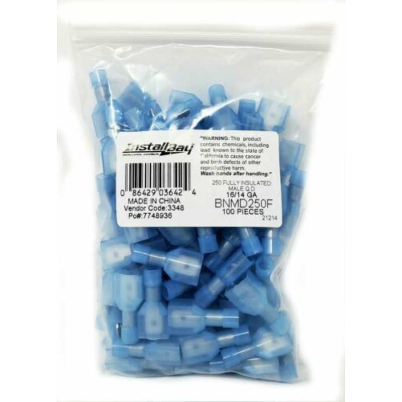 Install Bay 16-14 AWG Male Insulated Nylon Quick Disconnect 100pcs Blue BNMD250F