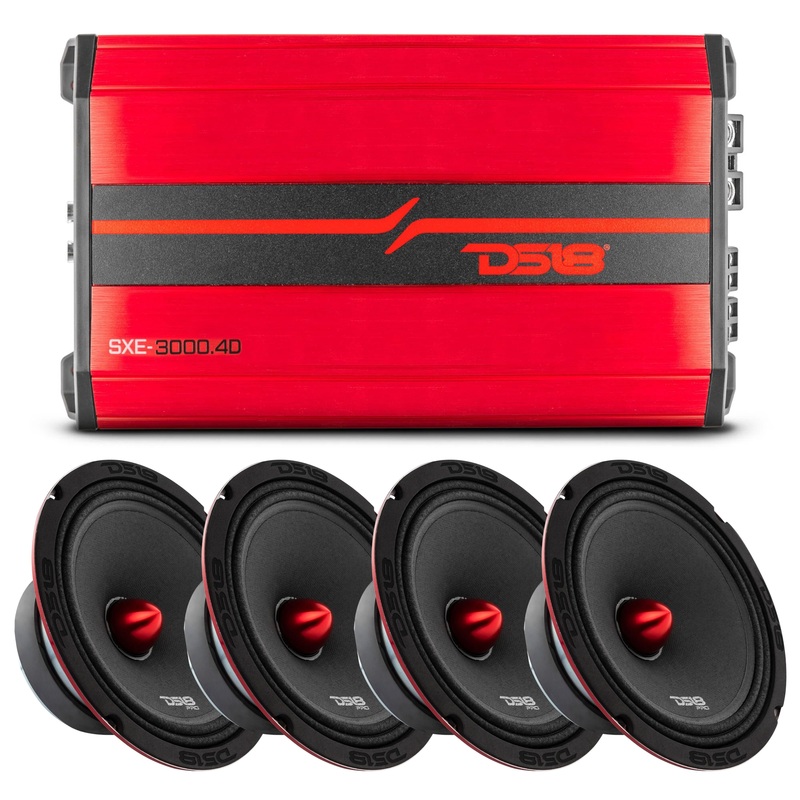 DS18 4x X8.4BM 8″ Midrange 2200W 4 Ohm Speakers w/ Red 3000W 4 Channel Amplifier