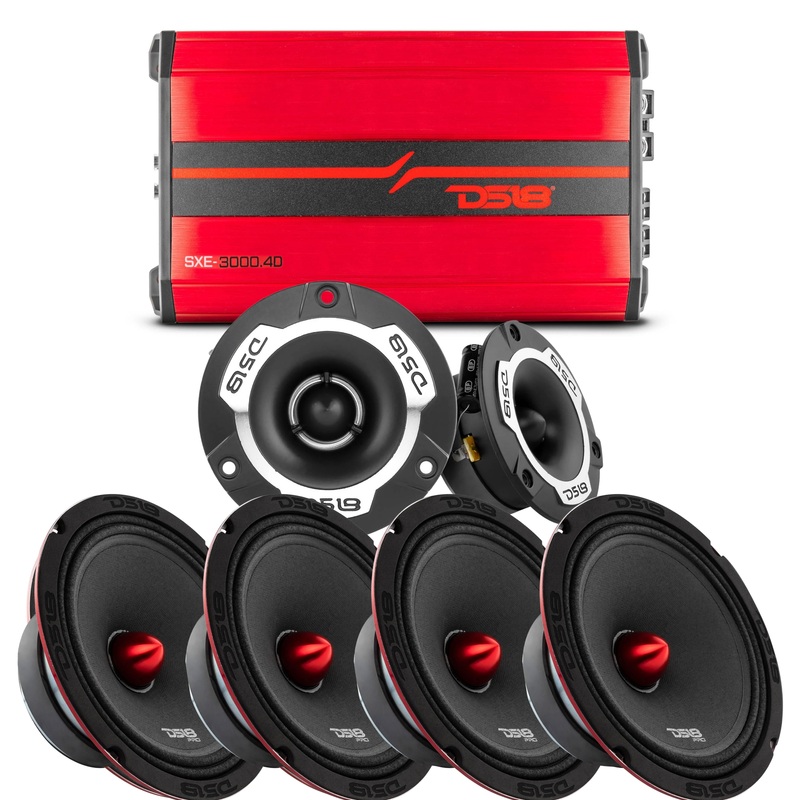 DS18 Red 3000W 4 Channel Amp 4x 3200W PRO-X8.4BM 2x 240W TWX1 Super Tweeters