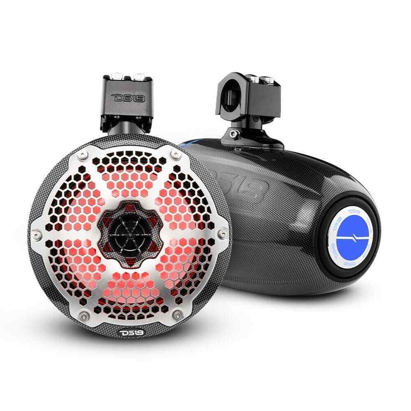 DS18 8″ 540W 4 Ohm Neo Marine Carbon Fiber Towers w/ RGB LED & Passive Radiator