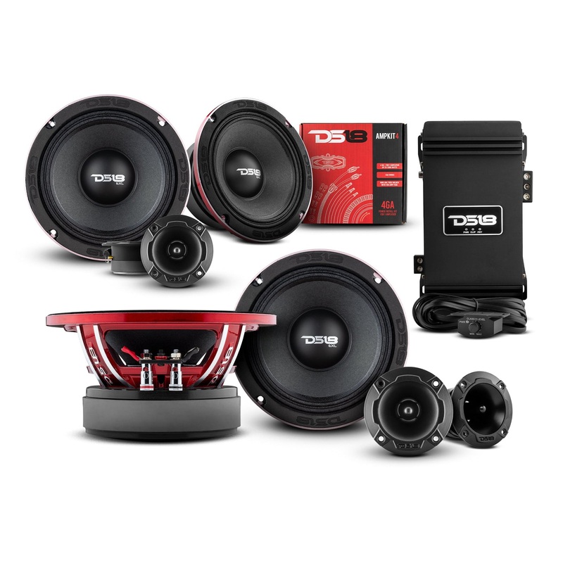 DS18 4x 6.5″ Midrange Speakers, 4x Bullet Tweeters, Monoblock Amp & 4 Ga Amp Kit