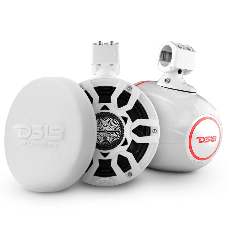 Pair DS18 8″ 500W 4 Ohm Marine Wake Tower Speakers RGB LED Matte White w/ Covers