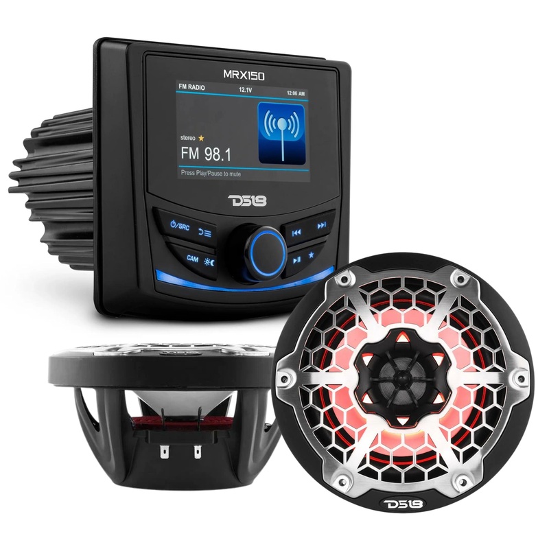 DS18 MRX150 Marine Radio w/ Black 6.5″ HYDRO 600W 4Ohm 2-Way RGB Speakers NXL-6M