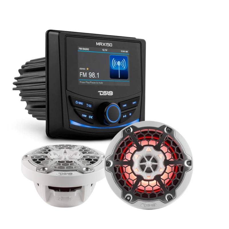 DS18 MRX150 Marine Radio w/ White 6.5″ HYDRO 600W 4Ohm 2-Way RGB Speakers NXL-6M
