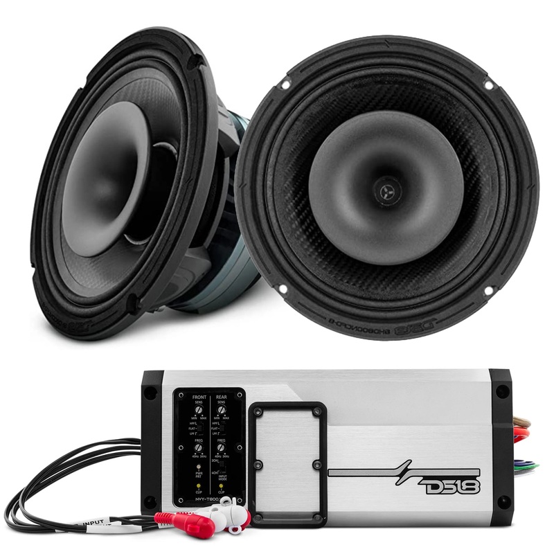 DS18 2x 8HD 4 Ohm/8 Ohm Waterproof 8″ Hybrid Speakers with Marine 4 Channel Amp