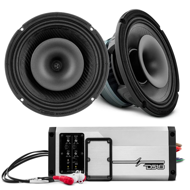 DS18 2x 8HD 8 Ohm Waterproof 8″ Hybrid Speakers with Marine 4 Channel Amp
