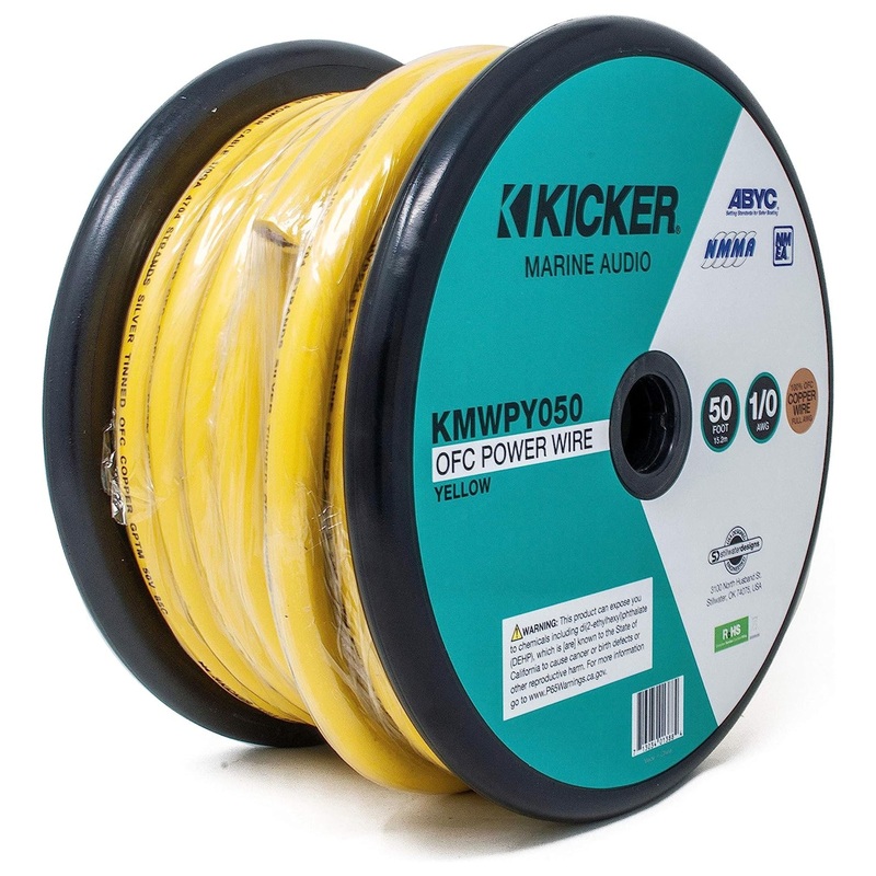 Kicker Marine 1/0 Gauge Tinned Oxygen Free Copper Power/Ground Wire Yellow Lot 10 Foot Coil