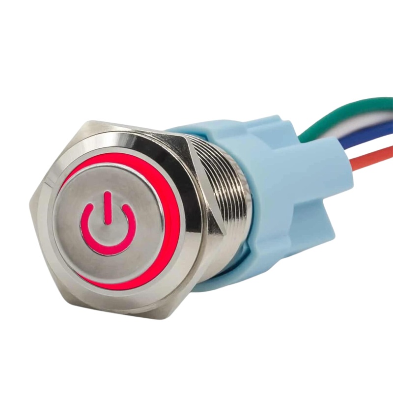 Sparked Innovations Aluminum Latching Power Symbol Pushbutton Switch w/LED SPDT Blue