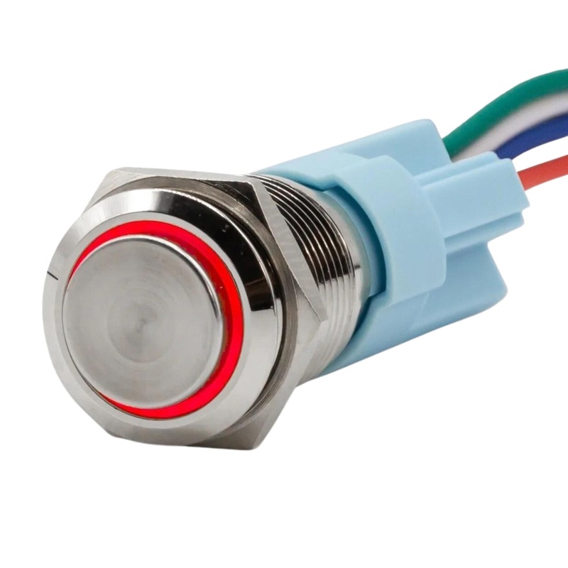 Sparked Innovations Aluminum Latching Push Button Switch w/Halo Ring LED SPDT Blue