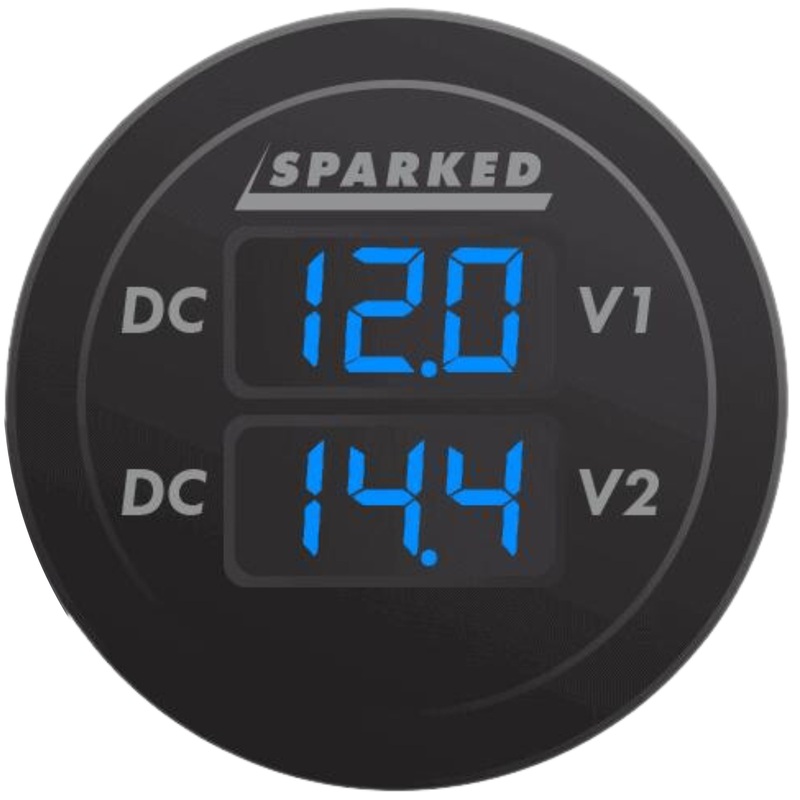 Sparked Innovations Dual LED Display Voltmeter for Main & Aux Battery Monitoring Blue