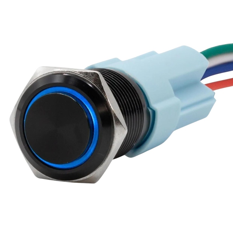 Sparked Innovations Universal Black Latching Push Button Switch w/Halo Ring LED Blue