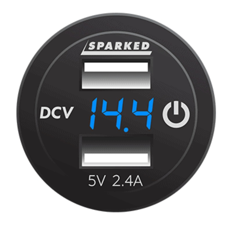 Sparked Innovations Voltmeter Dual Port USB Charger w/ Onboard Touch Switch 12V Blue