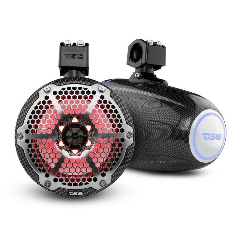 Pair of DS18 8″ 375W 4 Ohm Black Carbon Fiber Marine Tower Speaker w/ RGB LED