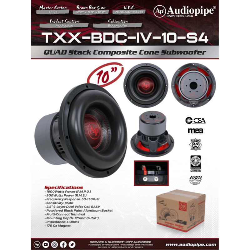 Audiopipe 10″ 900 Watt RMS SVC 4-Ohm Composite Cone Subwoofer TXX-BDC-IV-10-S4